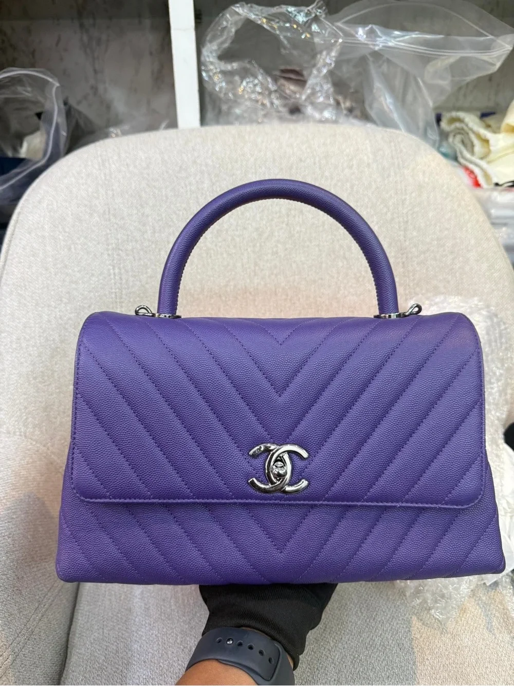 CHANEL Purple Chevron Top Handle Satchel with Silver Hardware